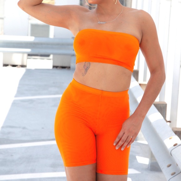 Neon Orange Two Piece Biker Short Set
